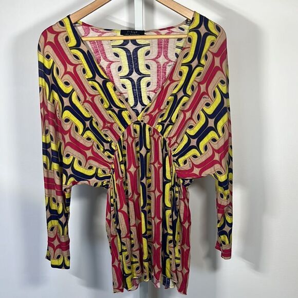 T-BAGS Women’s Abstract Print Plunge Neckline Tunic Top Yellow/Pink Size Large - Picture 2 of 9